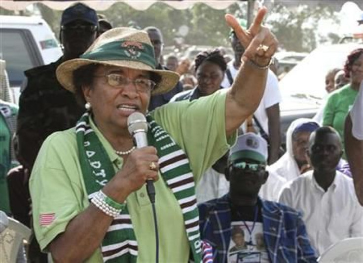 Nobel Peace Prize laureate Ellen Johnson-Sirleaf, who is also Liberia&#039;s president and presidential candidate of the Unity Party (UP), speaks during a last electoral campaign rally in Monrovia
