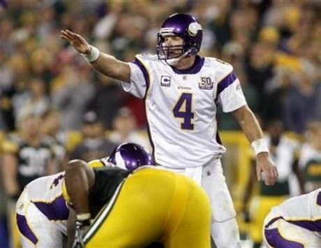 Minnesota Vikings quarterback Brett Favre calls an audible at the line of scrimmage with less than two minutes remaining against the Green Bay Packers during their NFL football game at Lambeau Field Green Bay, Wisconsin October 24, 2010.