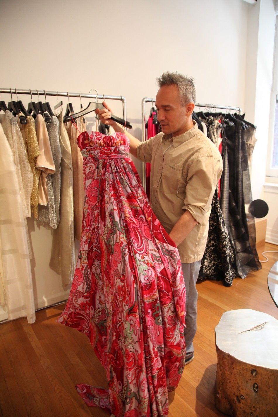 Cesar Galindo shows off his spring 2013 collection, Czar by Cesar Galindo, in his studio ahead of Mercedes-Benz Fashion Week in New York.
