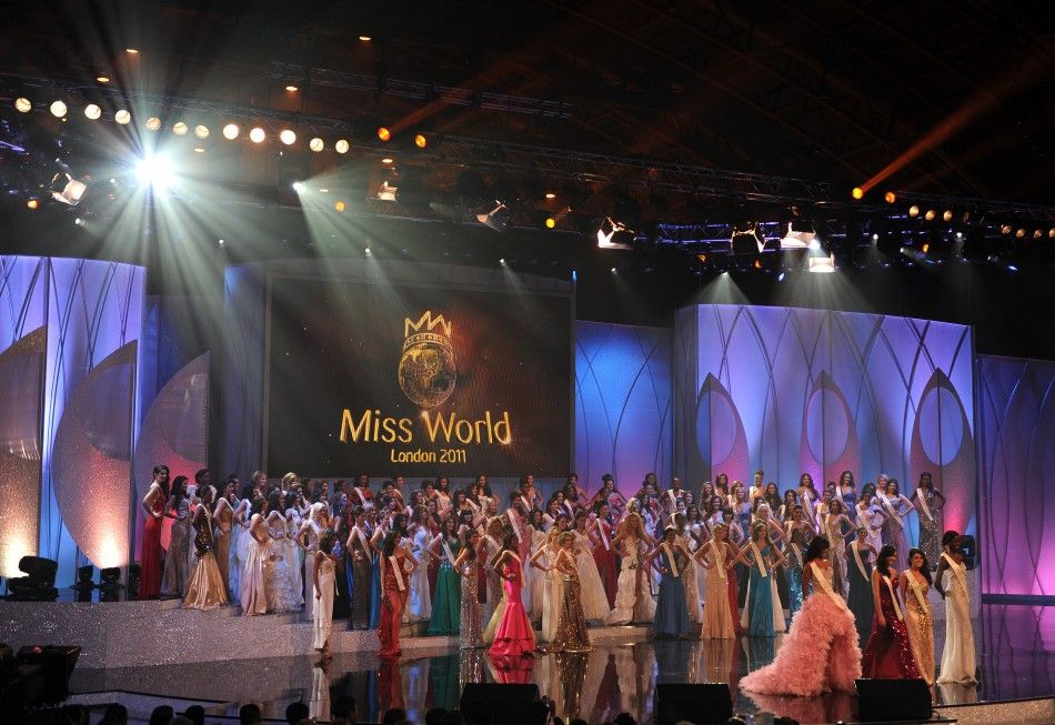Competitors in the 2011 Miss World final, parade on stage during the opening ceremony in Earls Court in west London