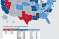 Map of state-level budget shortfalls for FY2013, in a report by Wells Fargo Advisors, shows Democratic-leaning and  -- especially -- swing states as more likely to run fiscal deficits.