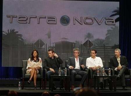 (From L to R) British actress Shelley Conn and Irish actor Jason O'Mara, stars of the new series ''Terra Nova'' along with Brannon Braga, executive producer and writer, Rene Echevarria, writer and executive producer and Jon Cassar