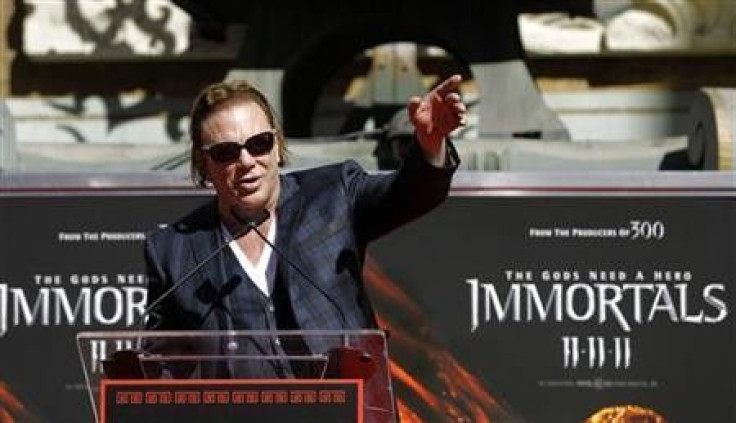 Actor Mickey Rourke speaks at his hand and footprint ceremony at the Grauman&#039;s Chinese Theatre in Hollywood, California October 31, 2011.
