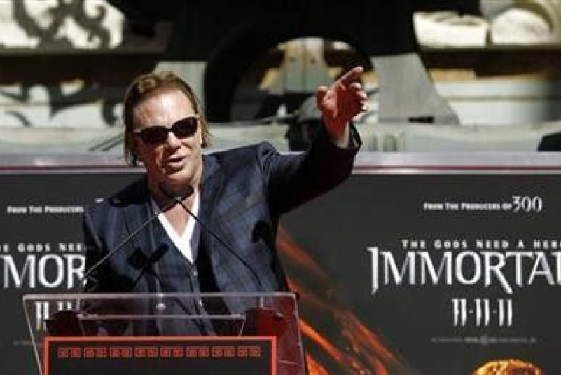 Actor Mickey Rourke speaks at his hand and footprint ceremony at the Grauman's Chinese Theatre in Hollywood, California October 31, 2011.
