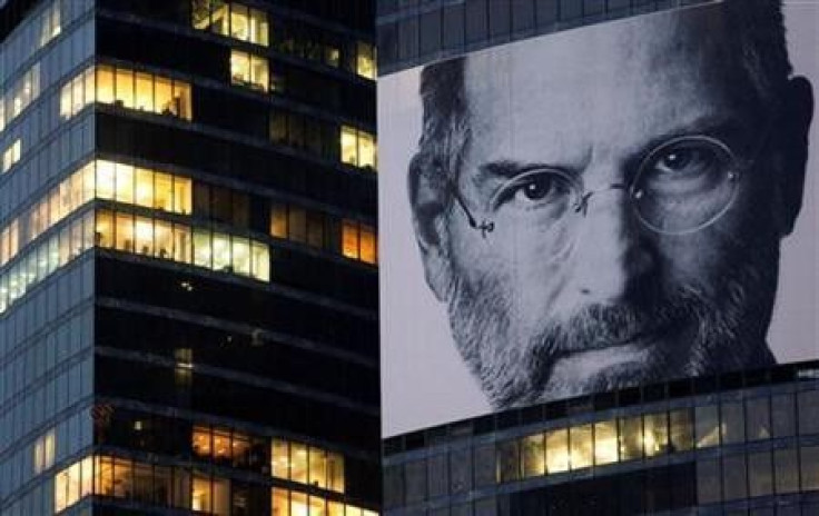 A portrait of Apple co-founder and former CEO Steve Jobs is placed on the Federation Tower skyscraper in Moscow&#039;s new business district