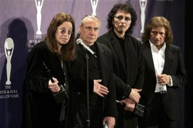Members of Black Sabbath band Ozzy Osbourne, Bill Ward, Tony Iommi and Geezer Butler (L-R) pose backstage at the Rock and Roll Hall of Fame induction ceremony at the Waldorf Astoria Hotel in New York March 13, 2006.