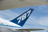 The tail fin of the Boeing 787 Dreamliner is seen at the 2010 Farnborough International Airshow