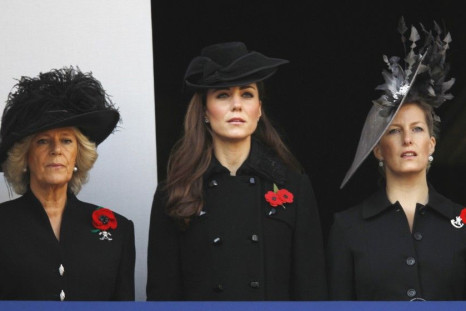 Camilla, Duchess of Cornwall (L) attends the annual Remembrance Sunday ceremony with Catherine, Duchess of Cambridge (C) and Sophie, Countess of Wessex at the Cenotaph in London November 13, 2011. 