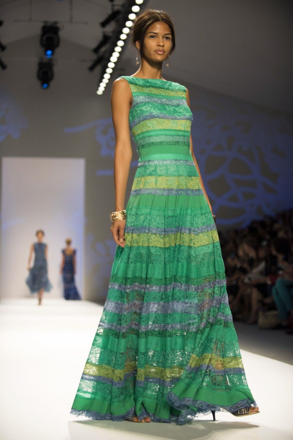 A model presents a creation from the Tadashi Shoji Spring 2013 collection during New York Fashion Week on September 6, 2012. 