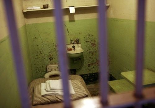 A prison cell along cell block "B" is shown at Alcatraz Island in San Francisco Bay in San Francisco, California