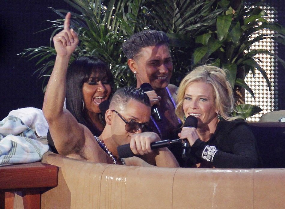 Chelsea Handler, host of the 2010 MTV Video Music Awards, joins the cast of quotJersey Shore in a hot tub on stage in Los Angeles