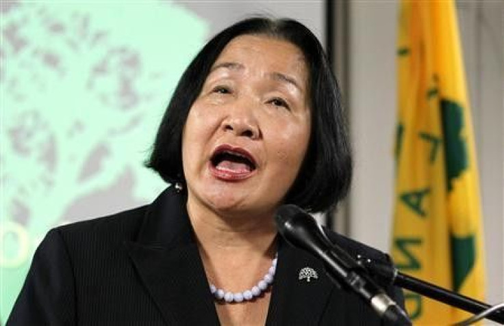 Oakland Mayor Jean Quan speaks during a news conference about the eviction of the Occupy Oakland campsite in Frank Ogawa Plaza in Oakland, California