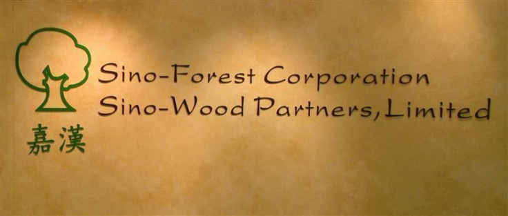 The company logo of Sino-Forest is displayed at its office in Hong Kong