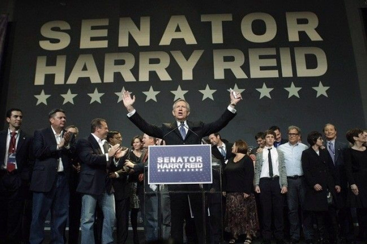 U.S. Senate Majority Leader Harry Reid, who faced Tea Party favorite Republican Sharron Angle in his race for re-election, celebrates his victory at his election night party in Las Vegas, Nevada, November 2, 2010.
