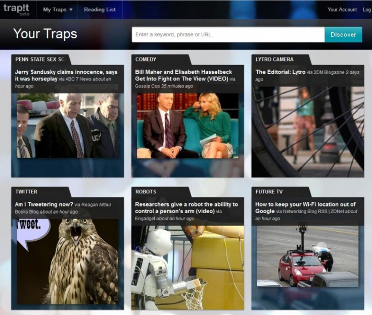 A screenshot of Trap.it, a dynamic Web site that delivers personalized content from the Web.