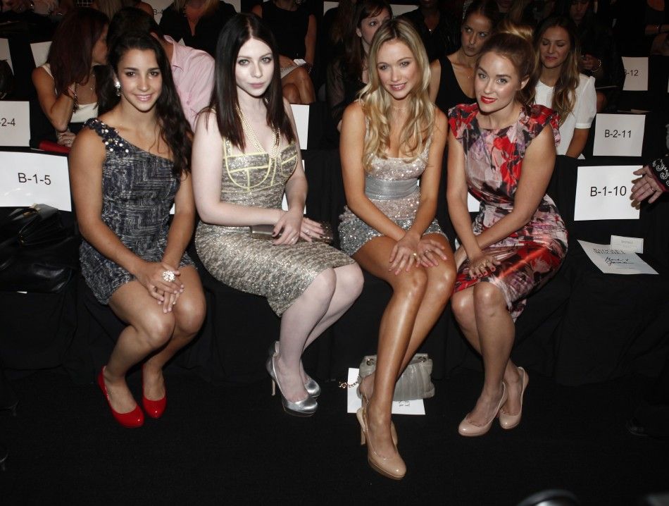 U.S. gold medal Olympic gymnast Aly Raisman L, actresses Michelle Trachtenberg 2nd L, Katrina Bowden and television personality Lauren Conrad R attend the Badgley Mischka SpringSummer 2013 collection show at New York Fashion Week September 11, 2012