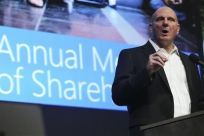 Microsoft Chief Executive Steve Ballmer speaks to attendees during Microsoft&#039;s annual shareholder meeting at Meydenbauer Center in Bellevue, Washington November 15, 2011.