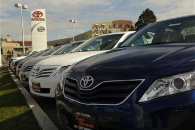 New Toyota automobiles are shown at a dealership in Daly City, California 