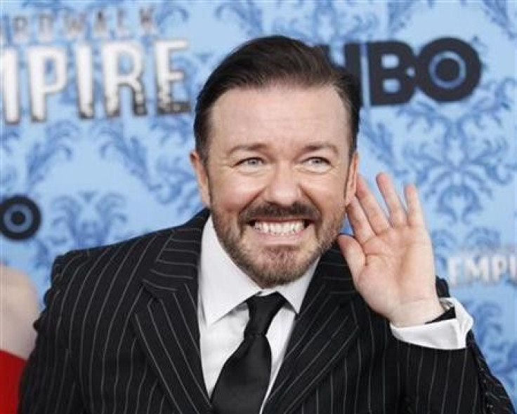 Actor Ricky Gervais gestures during a photo call for the premiere of the second season of &#039;&#039;Boardwalk Empire&#039;&#039; in New York