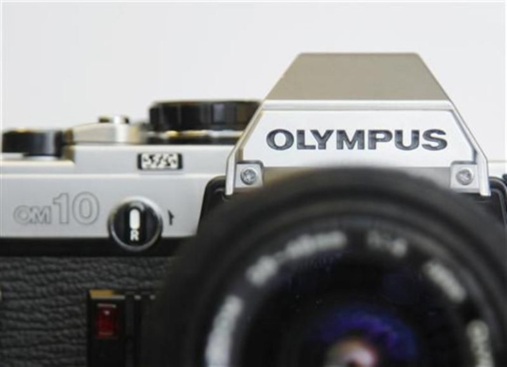 An Olympus OM10 35mm film camera is seen in a used camera shop in London