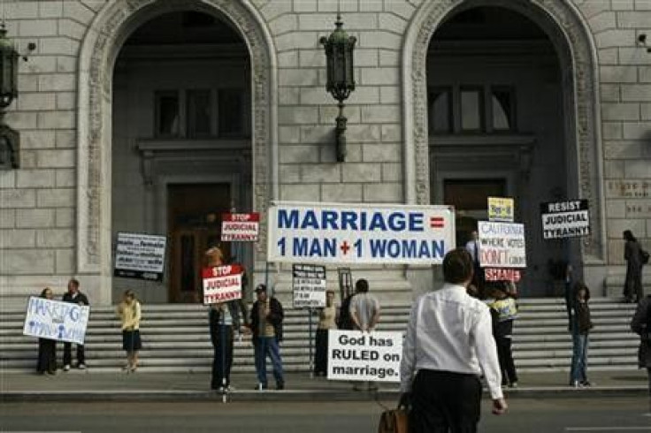 Supporters of California&#039;s Proposition 8 ban on gay marriage protest outside the California Supreme Court in San Francisco, California before a hearing on the initiative September 6, 2011.