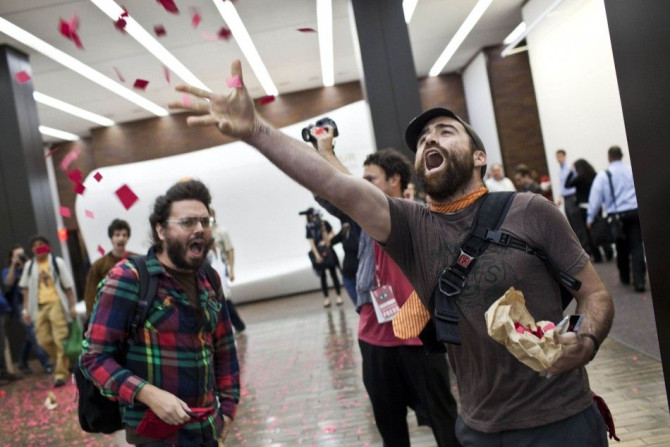 Occupy Wall Street protesters demonstrated inside the lobby of JPMorgan Chase, in downtown Manhattan, Monday.