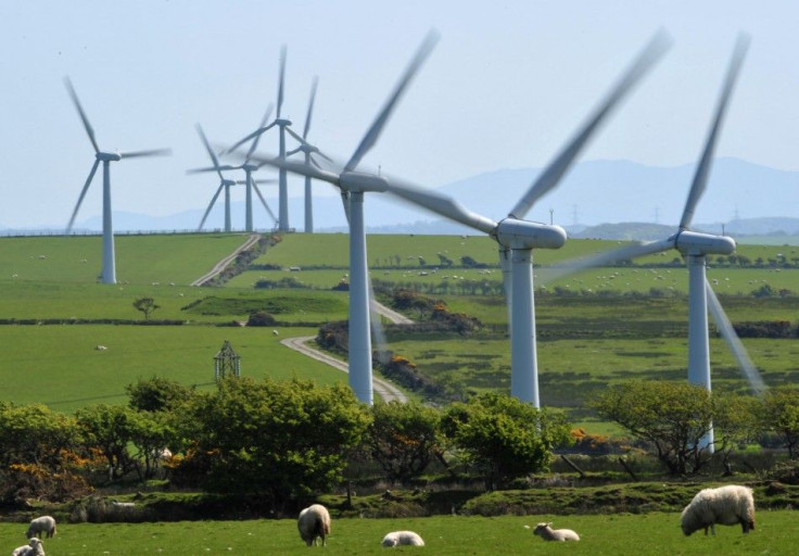 A windfarm is seen on Anglesey, north Wales
