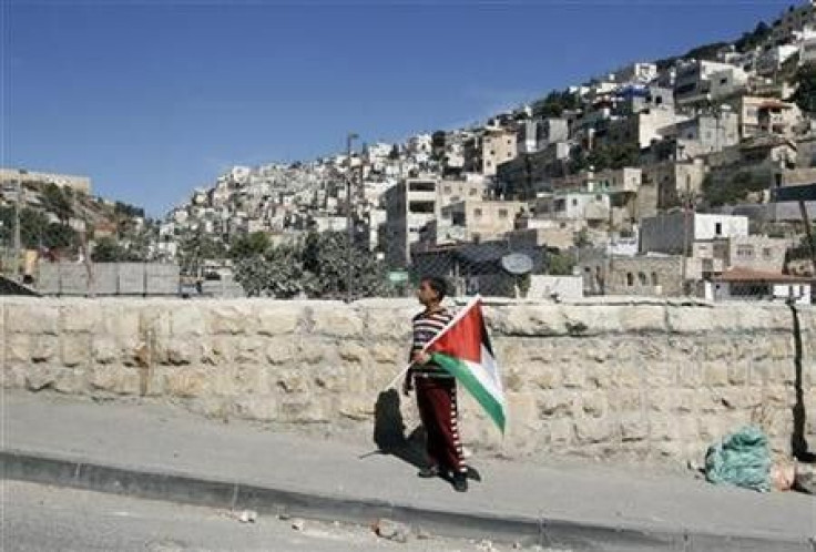 A Palestinian boy holds a flag after a visit of Israeli parliament members to the mostly Arab neighbourhood of Silwan in East Jerusalem 