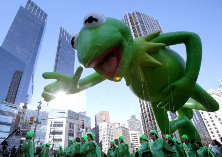 The Kermit the Frog balloon makes its way down Broadway during The Macy's Thanksgiving day parade in New York