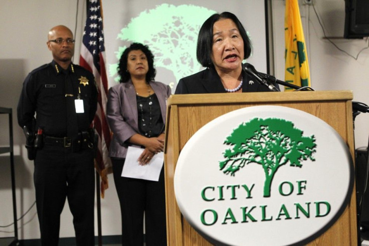 Oakland Mayor Quan speaks during a news conference about the eviction of the Occupy Oakland campsite in Frank Ogawa Plaza