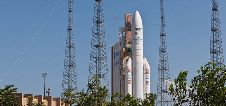 Ariane 5 is poised for liftoff from the Spaceport's ELA-3 launch zone with the SES ASTRA 2F and the Indian Space Research Organisation GSAT-10 satellites.