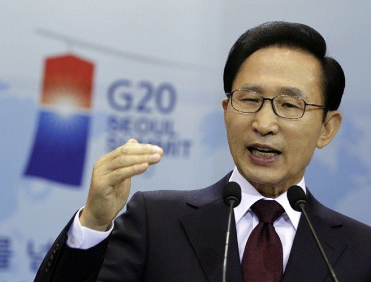 South Korean President Lee Myung-bak answers a reporter's question during a news conference regarding the upcoming G20 Summit at the presidential Blue House in Seoul, November 3, 2010.