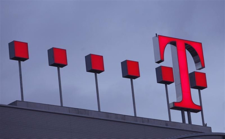 The logo of Deutsche Telekom AG headquarters is pictured before the annual news conference in Bonn.