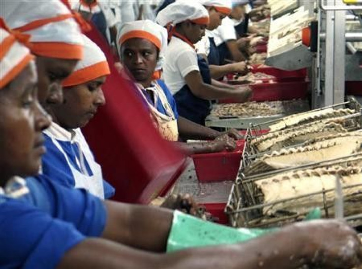 Workers process tuna at the Thon des Mascareignes factory in Mauritius' capital Port Louis