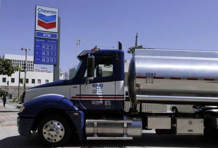 A gasoline tanker is seen parked at a Chevron petrol station in Los Angeles, California