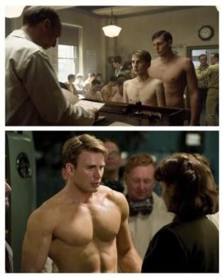 Actor Chris Evans is shown in this combination of publicity photos in scenes from &quot;Captain America: The First Avenger&quot; released to Reuters July 19, 2011. After Evans put on 15 lbs of muscle for the role, the film&#039;s makers used a &quot;shrin