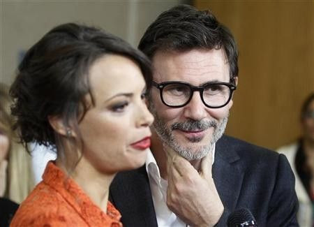 French director Michel Hazanavicius and cast member French actress Berenice Bejo are interviewed at a special screening of the film ''The Artist'' in Beverly Hills, California