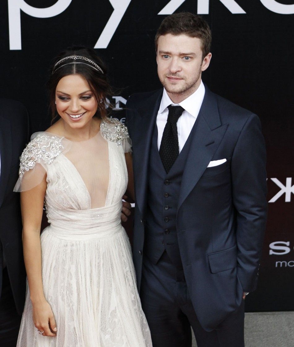 Actors Justin Timberlake R and Mila Kunis in Moscow
