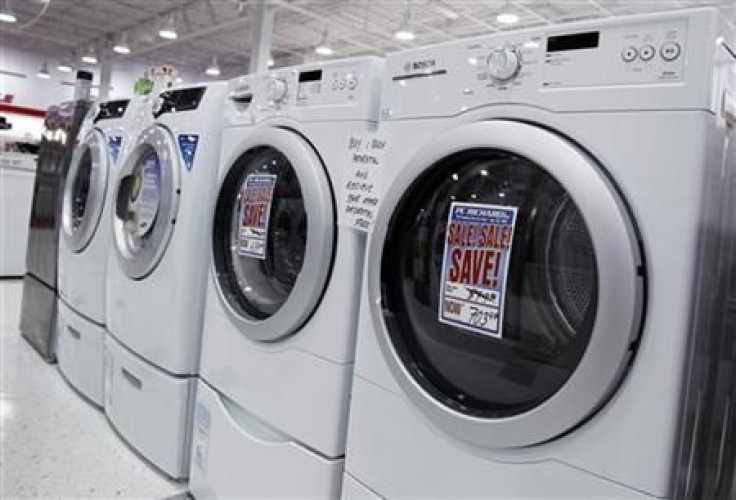 Washers and dryers are seen on display at a store in New York