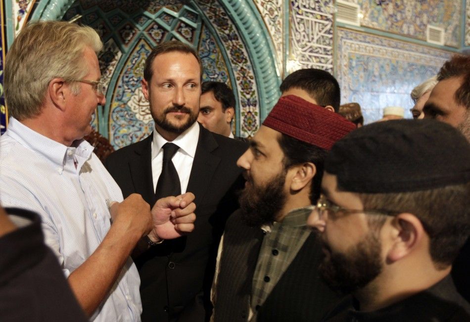 Norways Crown Prince Haakon leaves the World Islamic Mission Mosque in Oslo