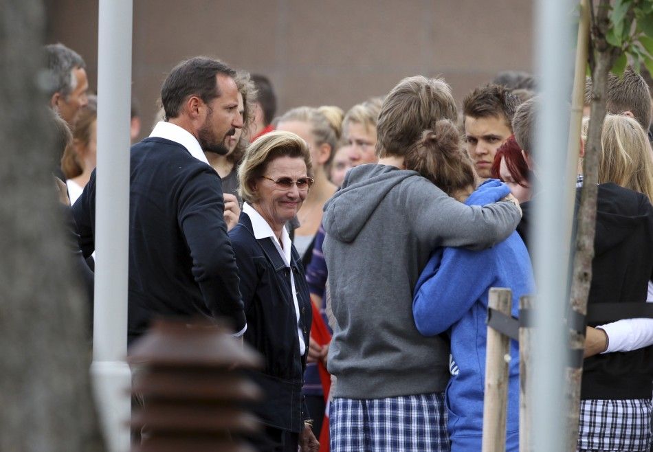 Norwegian Crown Prince Haakon and Queen Sonja visit survivors and family members at a hotel in Sundvollen, northwest of Oslo