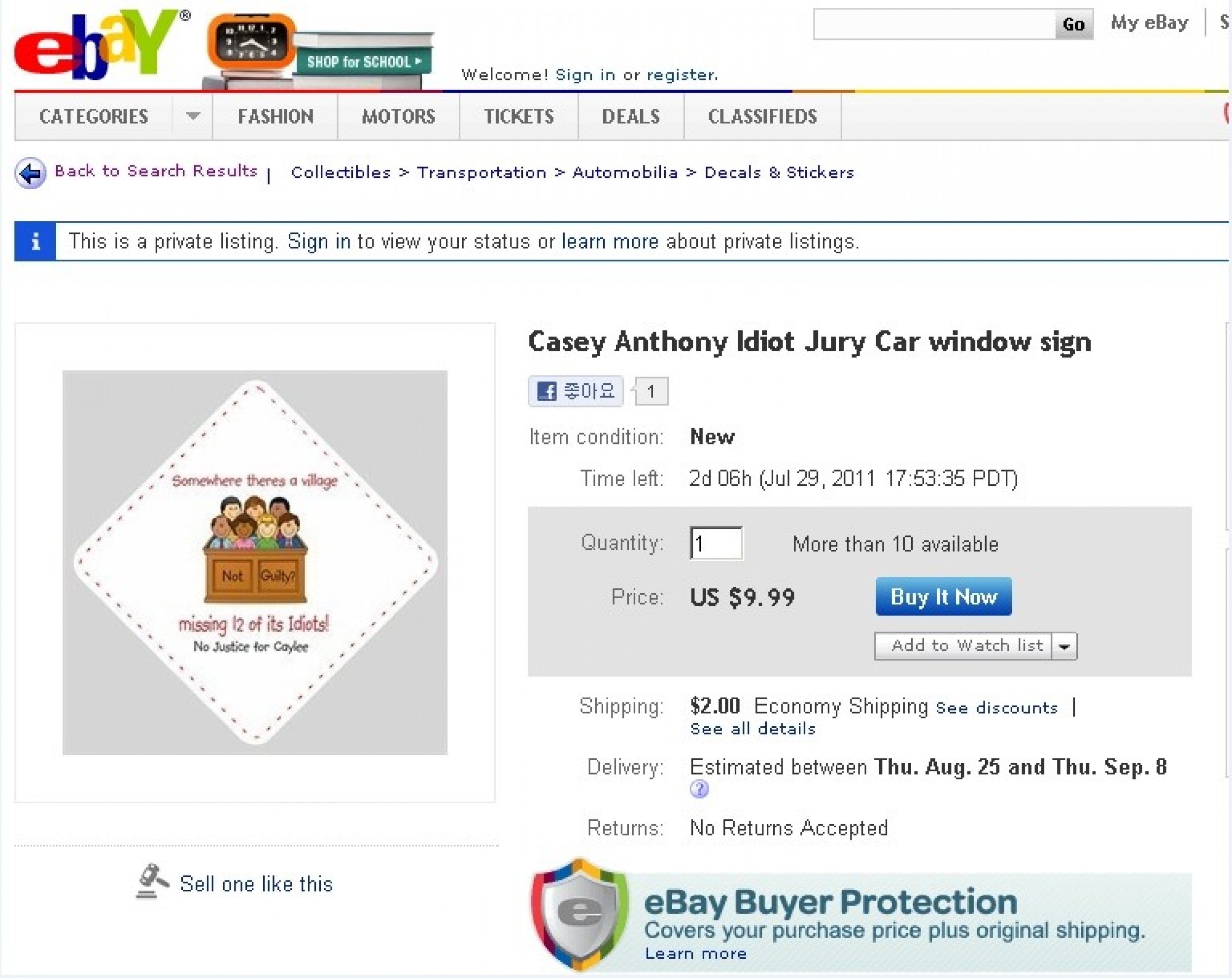 Casey Anthony Idiot Jury Car window sign