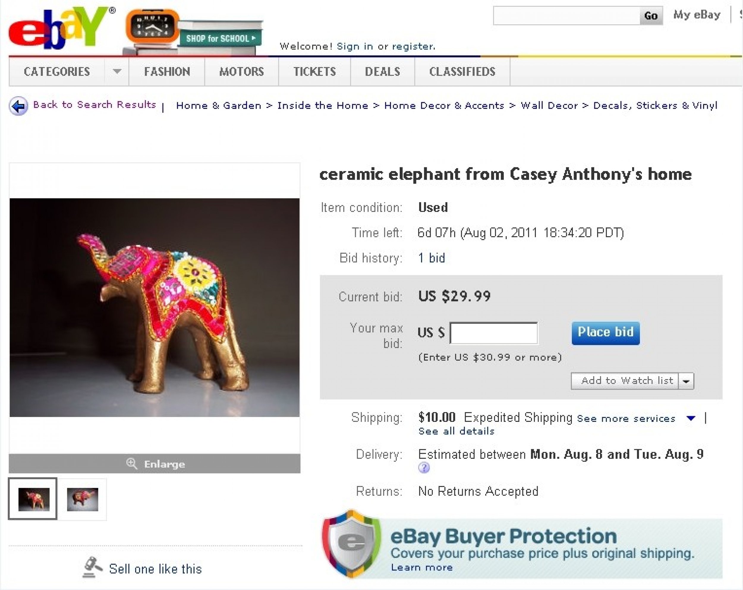 Ceramic elephant from Casey Anthonys home