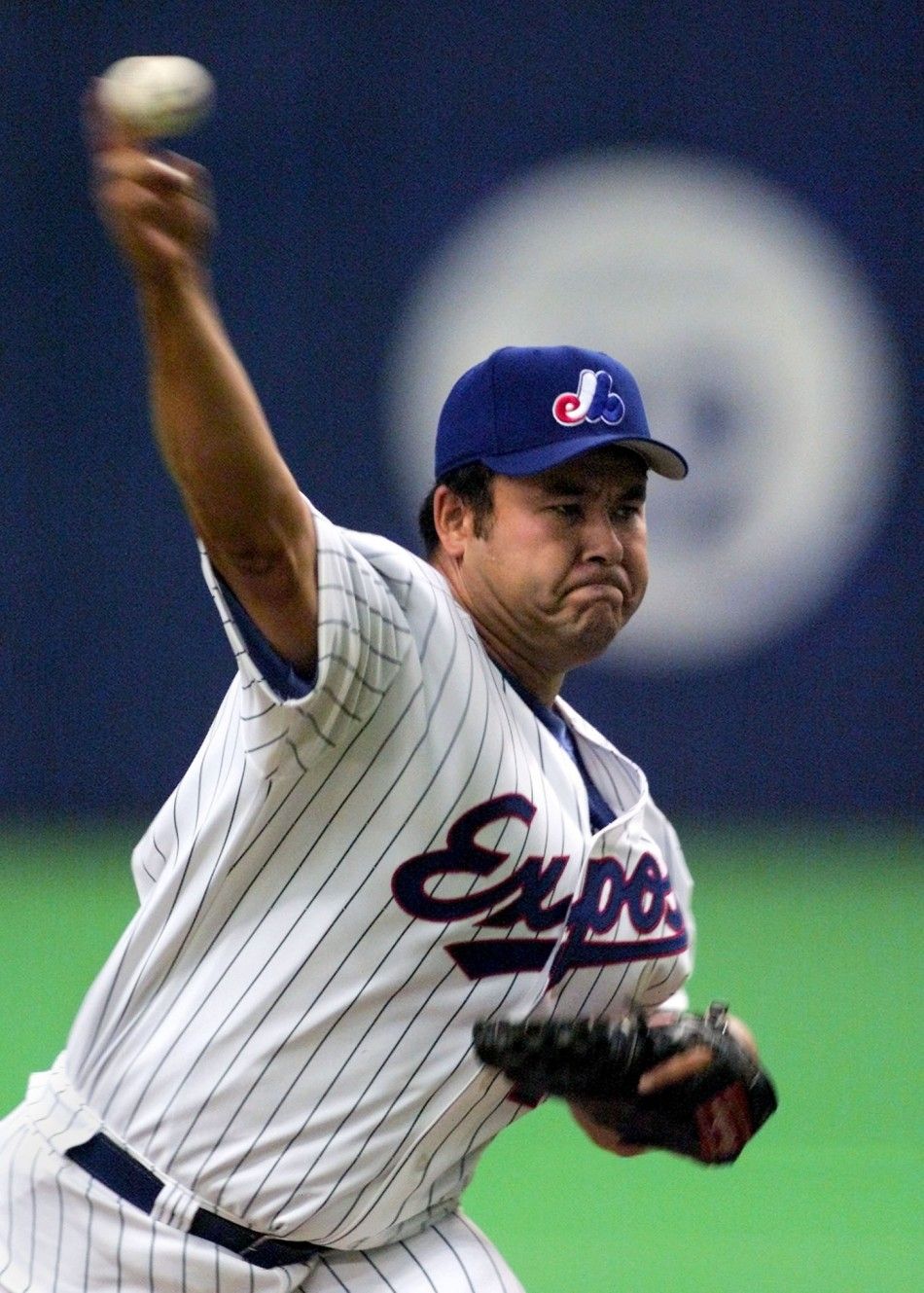 Montreal Expos039 starting pitcher Hideki Irabu delivers a pitch during the first inning of action against the Los Angeles Dodgers in Montreal, April 4. Irabu is making his first appearance as an Expo since being acquired from the New York Yankees in t