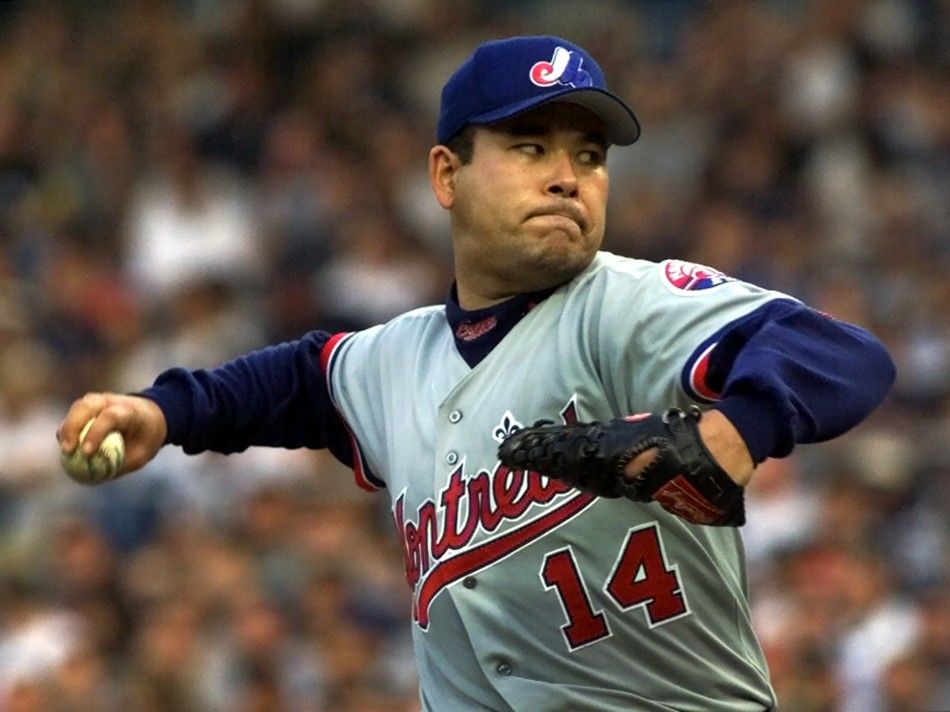 Montreal Expos pitcher Hideki Irabu pitches against New York Yankees batter Bernie Williams in the first inning June 13, 2001 at Yankee Stadium. This was the first career start for Irabu against his former team.