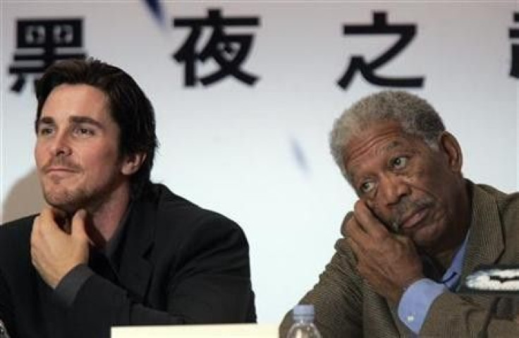 Actors Christian Bale (L) and Morgan Freeman attend a news conference for their upcoming film “Batman: The Dark Knight” in Hong Kong, November 9, 2007.