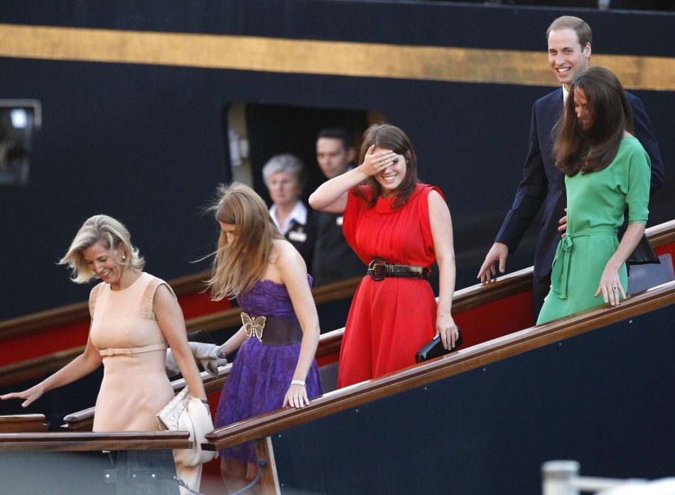 Royals laugh as they leave a drinks reception on the royal yacht Brittania in Edinburgh, Scotland