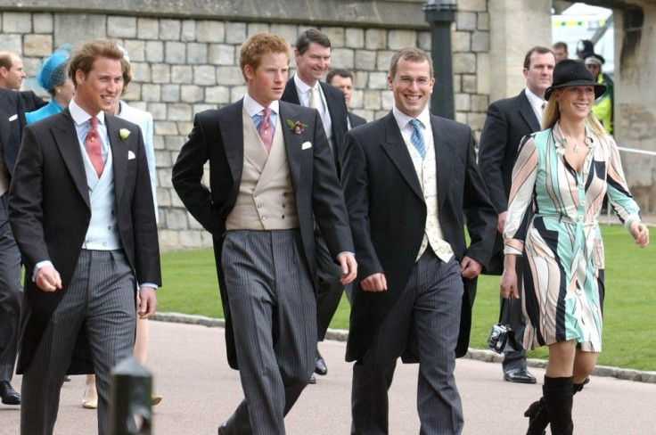 Prince William (L), Prince Harry (2nd L), Peter Phillips (2nd R) and Zara Phillips (R) arrive at St. George's Chapel in Windsor Castle for the Service of Prayer and Dedication for Prince Charles and the Duchess of Cornwall, the former Camila Parker Bowles