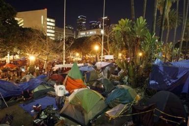 The Occupy Los Angeles encampment at City Hall Park is seen before the midnight deadline for eviction from City Hall Park passes in Los Angeles