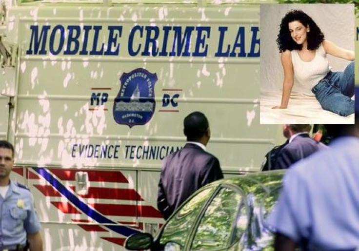 Metropolitan Washington Police Officers stand around a mobile crime lab in Rock Creek Park in Washington, May 22, 2002 and (inset) Chandra Levy